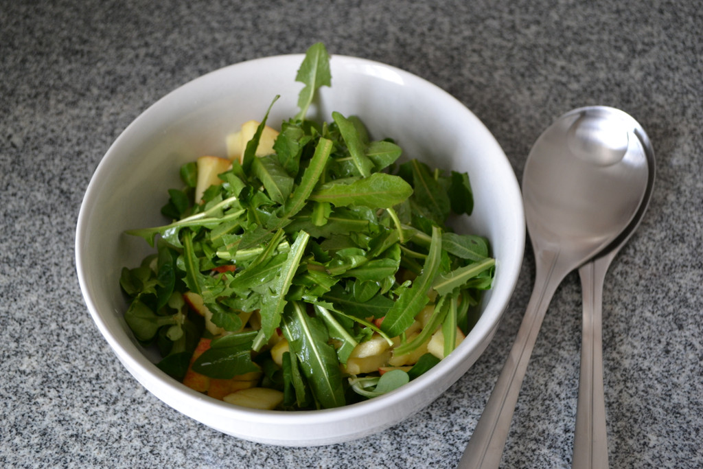 04 Gib Feldsalat_ Apfelst__cke und L__wenzahnbl__tter in eine Salatsch__ssel___.JPG